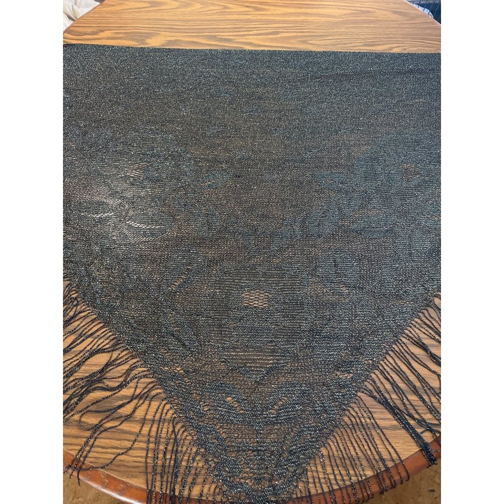 Black gold metallic triangular scarf with fringe